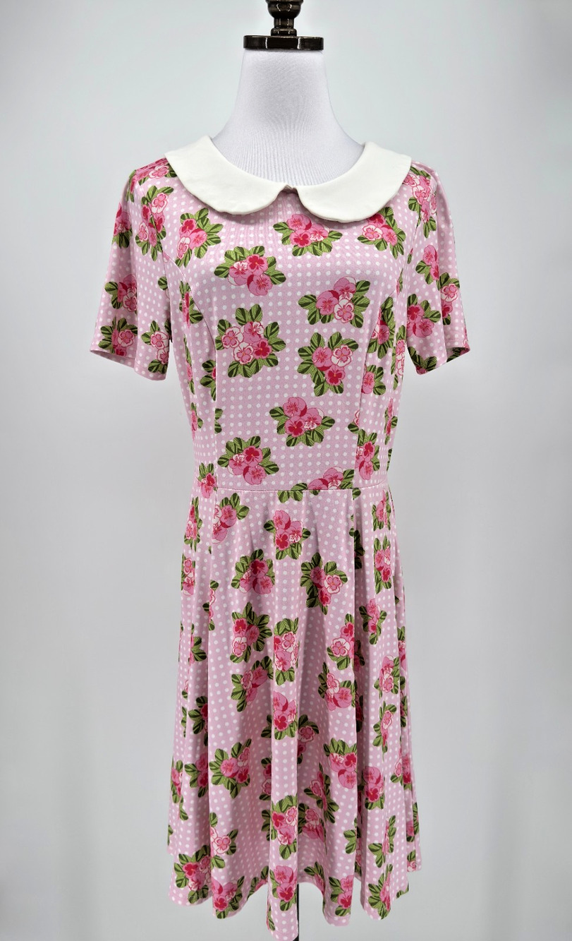 Unique Vintage Margot Pink Pansies & White Pin Dot Fit Flare Dress Sz L